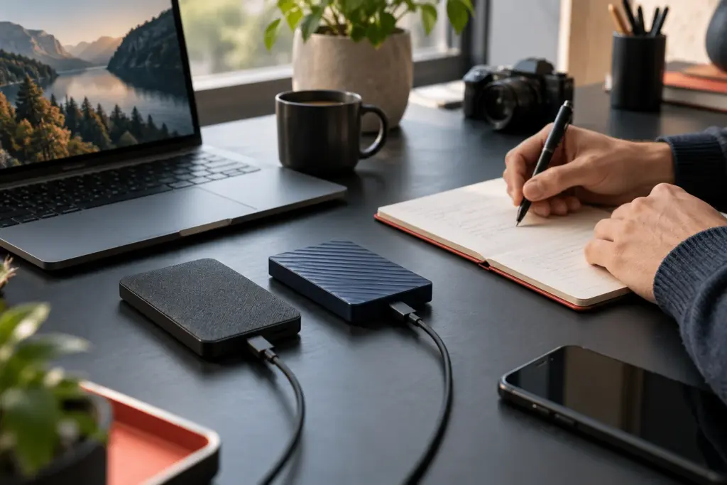 External storage devices on a desk