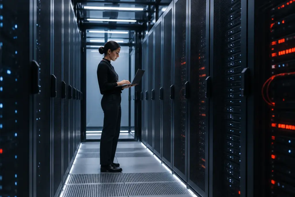 An aisle of server cabinets in a data centre