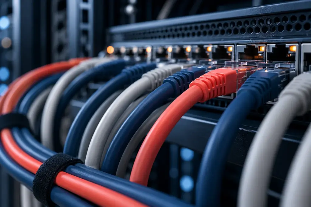 Ethernet cables in a network rack