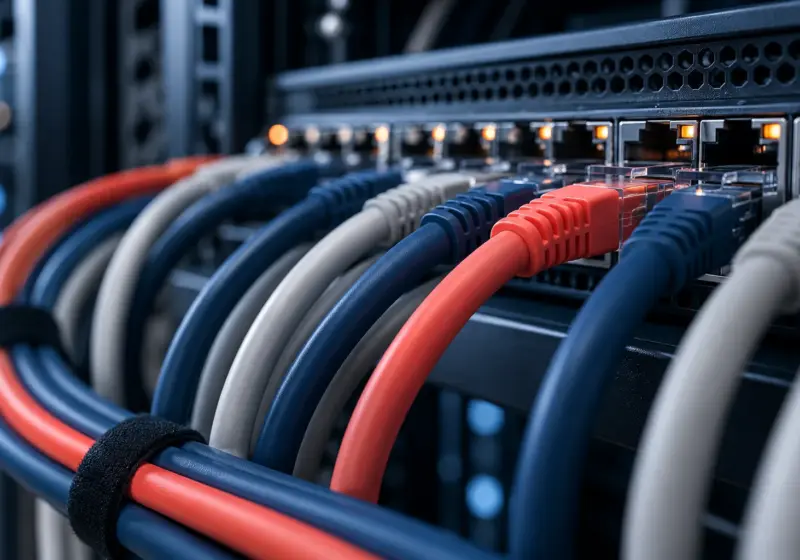 Ethernet cables in a network rack