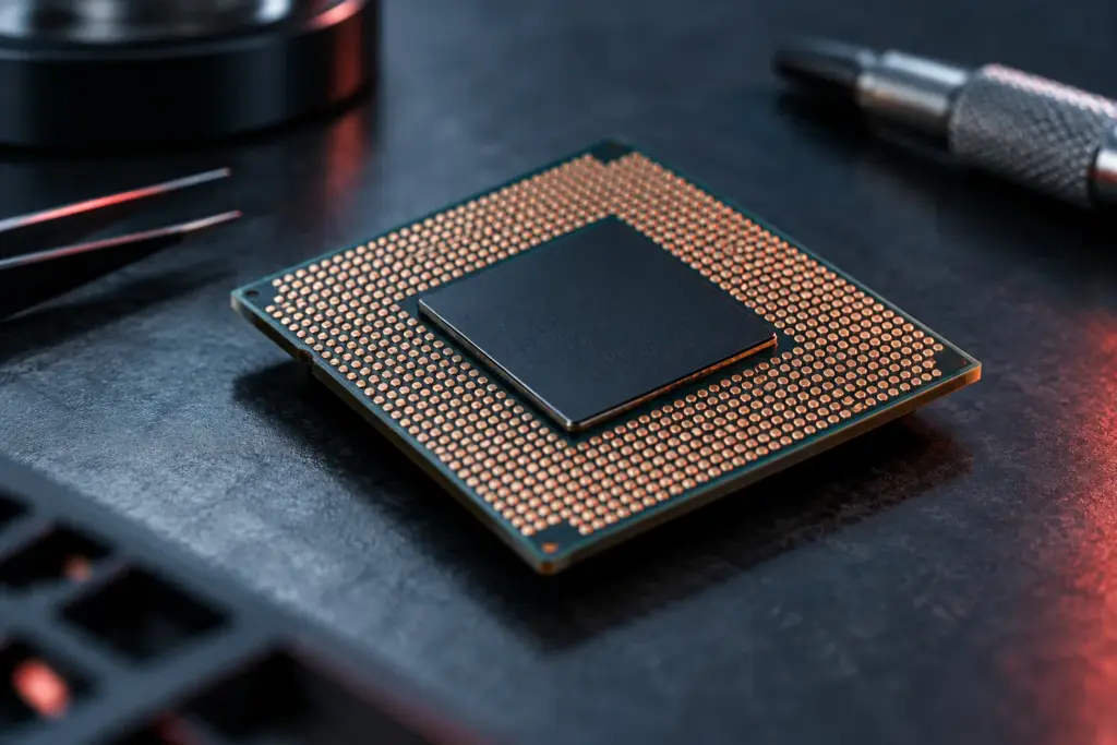 An unbranded processor on an engineering bench