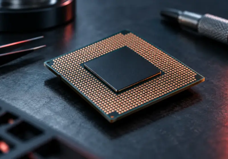 An unbranded processor on an engineering bench