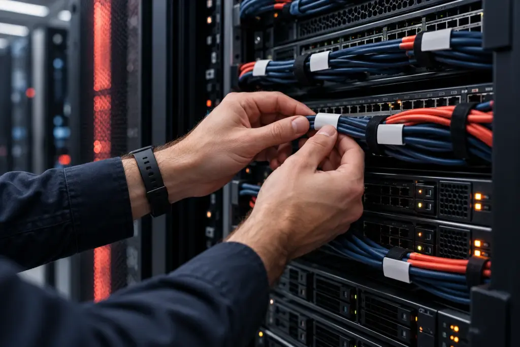A technician examining a server rack
